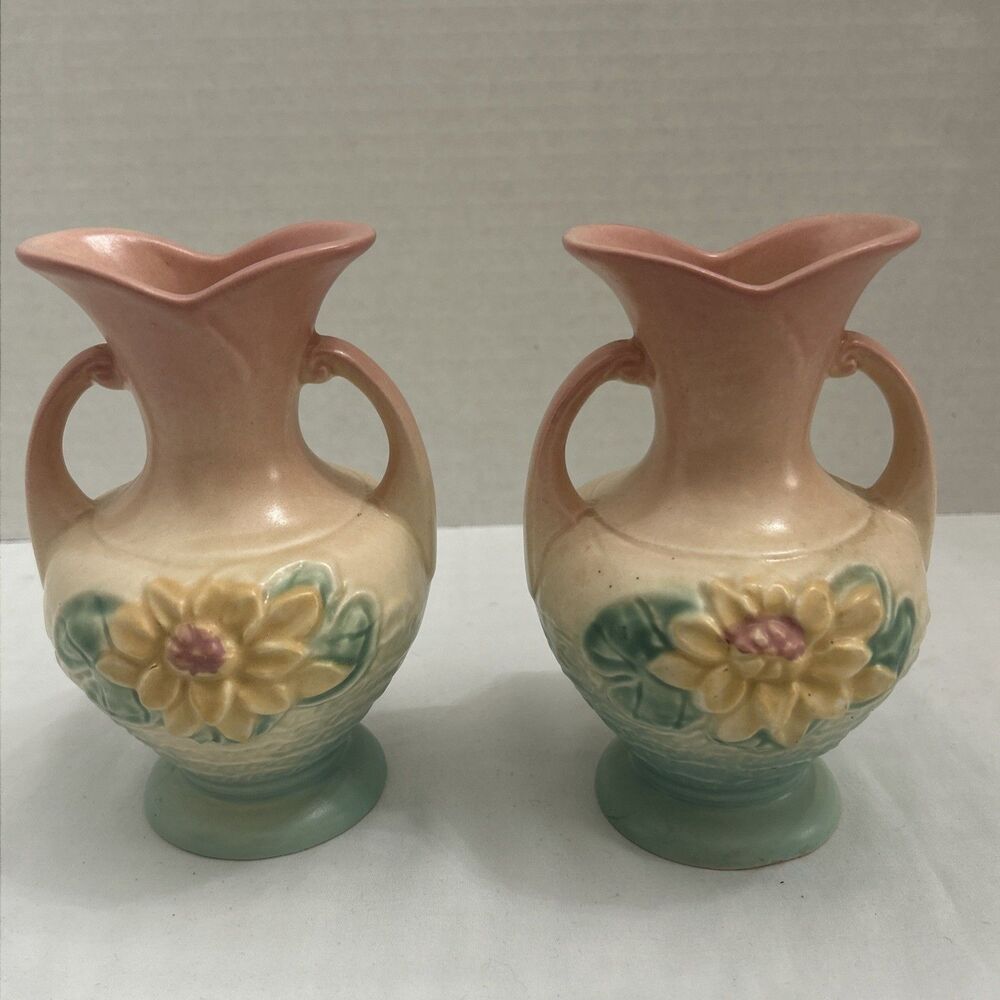 Vintage Hull USA Art Pottery Vases Waterlily Pattern Pink/Green/Yellow L-2 Pair
